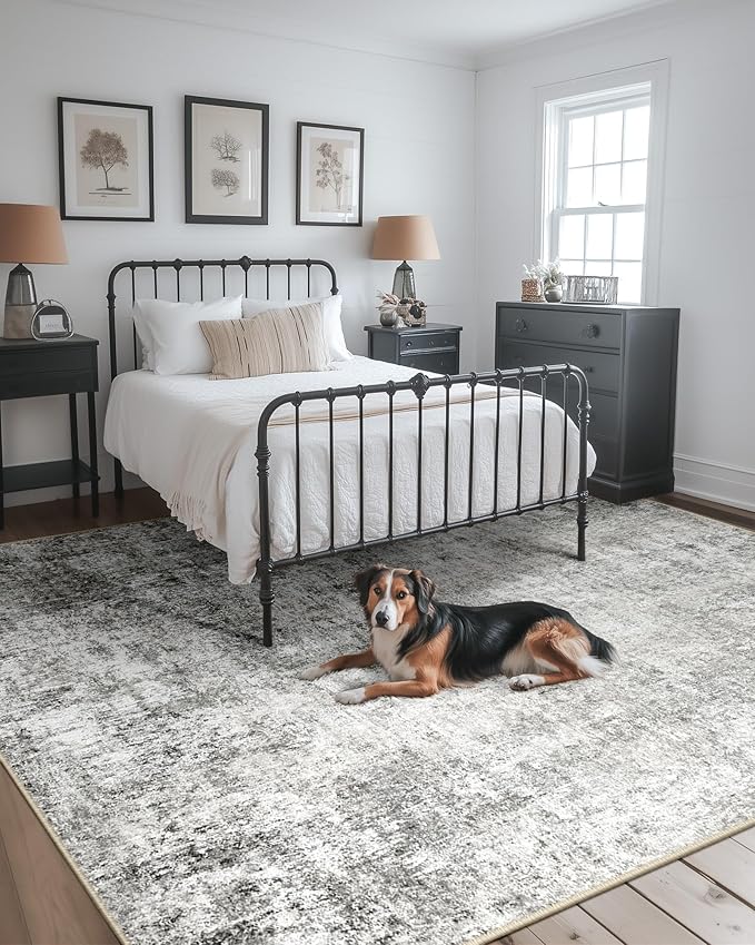 Washable Area Rugs 7'x9' Non-Slip Modern Abstract Soft for Living Room Entryway Bedroom Nursery, Print Pattern, Gray White Grey
