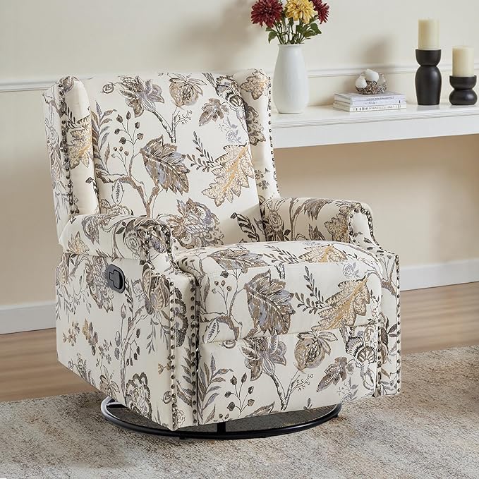 UIXE Swivel Glider Recliner Chair for Adults, High Back Nursery Rocker Floral Upholstered Armchair for Living Room, Manual Reclining Rivet Trim Sofa Lounge with Deep Seat in Fabric - Beige Plants