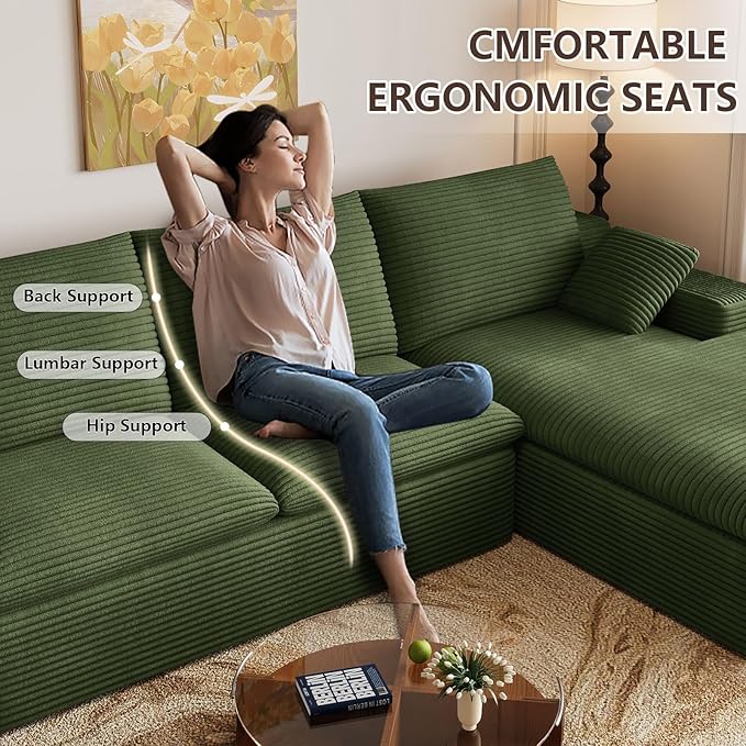 Cloud Sectional Couch,107 Inch Modular Sectional Sofa with Deep Seat, Modern Corduroy Boneless Couches with L-Shape Chaise for Living Room Bedroom, No Assembly Required (Green, Right Facing Chaise)