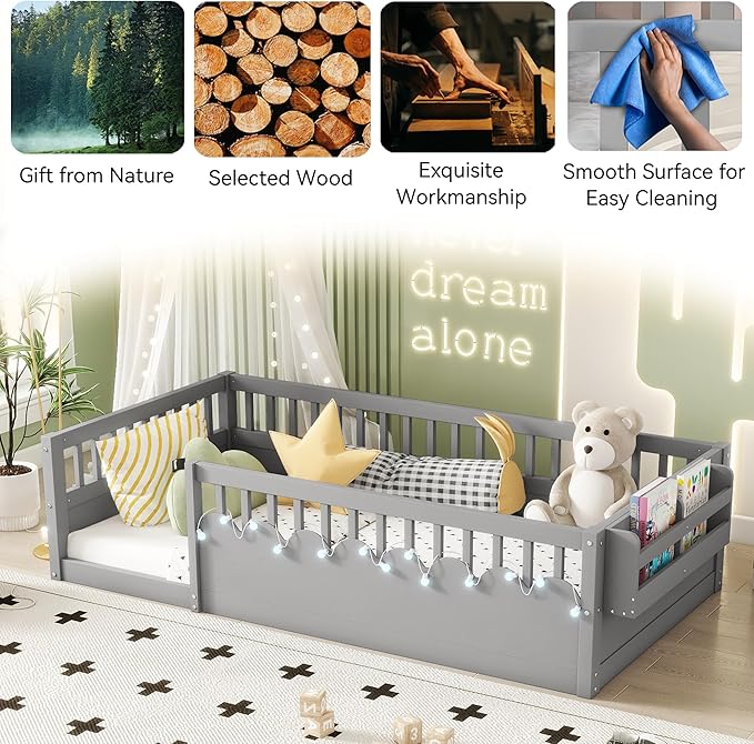 Twin Toddler Floor Bed with High Rails, Wooden Montessori Bed Frame with Light and Storage Shelf, Twin Size Bed Frame for Kids, Boys and Girls, Grey