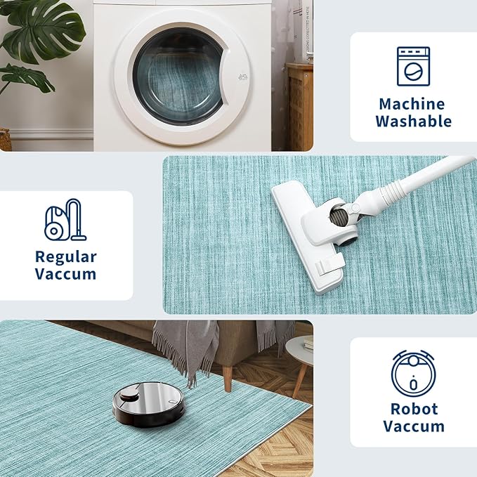 Modern Solid Color Area Rug 10x13 Large Living Room Area Rug Washable Abstract Bedroom Rugs Non Slip Boho Dining Room Throw Carpet Soft Stain Resistant Minimalist Rugs for Nursery Home Office, Blue