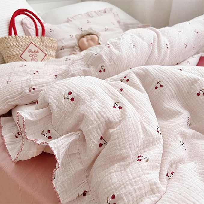 AOJIM Muslin Kids Duvet Cover for Boys Girls, 1 Piece Pure Cotton Toddler Cherry Comforter Cover 47X59'', 2-Layer Gauze Kids Bedding with Ruffled Design, No Quilt or Pillowcases