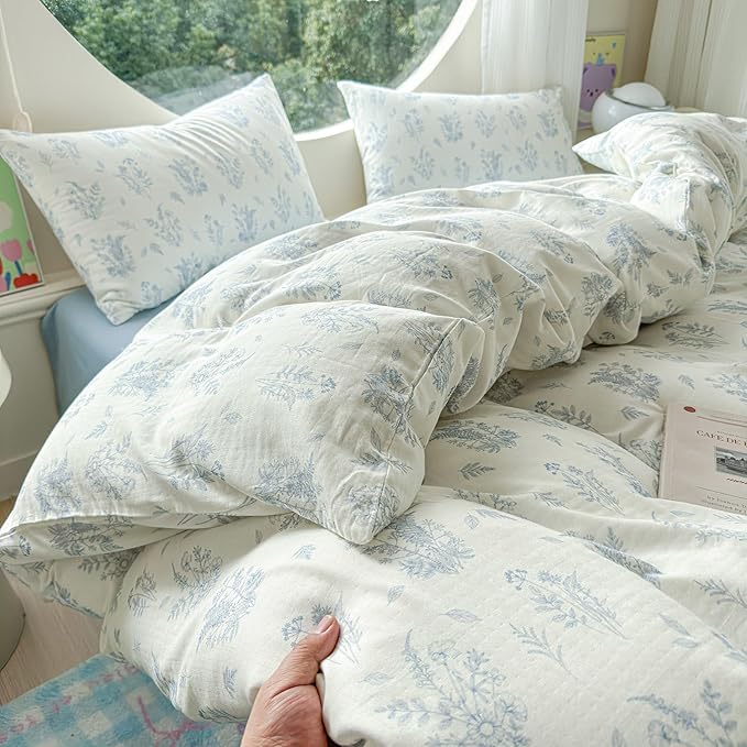 LifeTB Muslin Duvet Cover Set King Vintage Botanical Floral Duvet Cover 100% Cotton Linen Feel Flower Bedding Set Super Soft Gauze Comforter Cover Breathable Lightweight Cottagecore Bedding Set