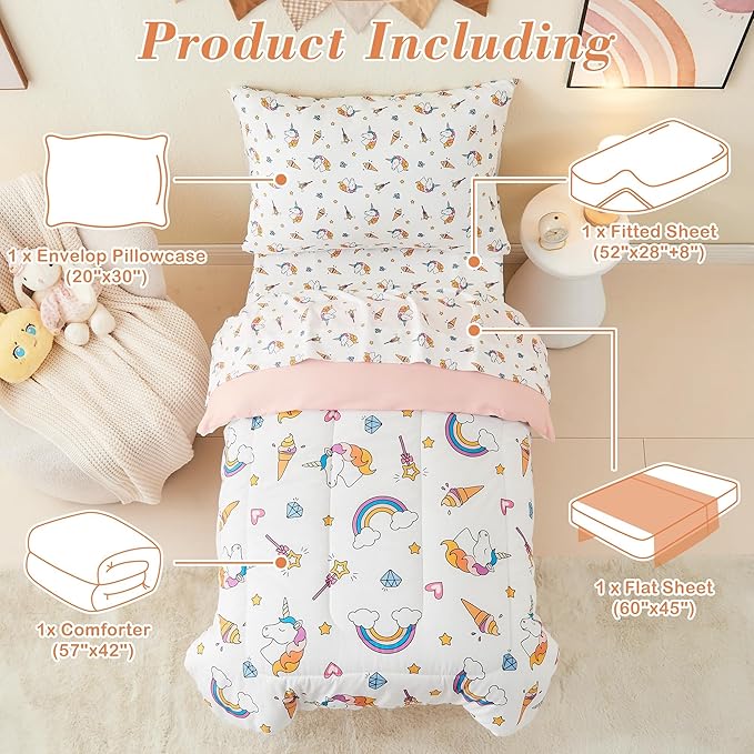 Mooreeke 4 Pieces Toddler Bedding Set - Soft Unicorn Rainbow Toddler Comforter Sets for Girls, Includes Quilted Comforter, Flat Sheet, Fitted Sheet and Pillowcase, Bed in A Bag for Baby Bedroom