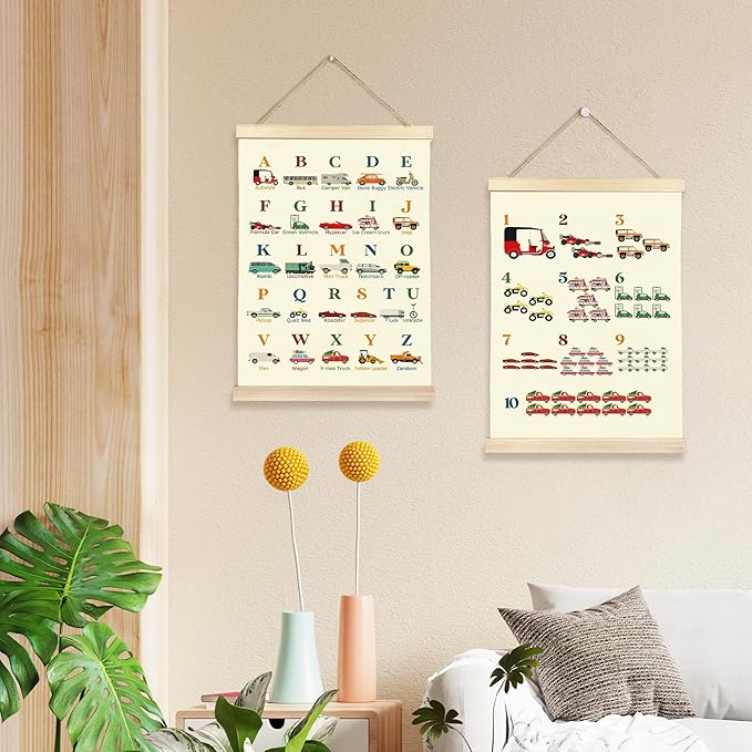 Hiuwevt Transportation Alphabet Numbers Poster Hanger Frame, Nursery Wall Decor, Vehicle ABC 123 Educational Wall Art Decor for Classroom Kids Room Home, 12x16 Inch Set of 2