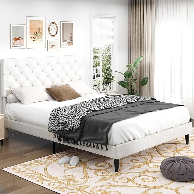 BarnFurin Queen Bed Frame, Upholstered Platform Bed with Button Tufted Headboard, Fabric Queen Size Beds with Wooden Slats Support, No Box Spring Required, Easy Assembly, White