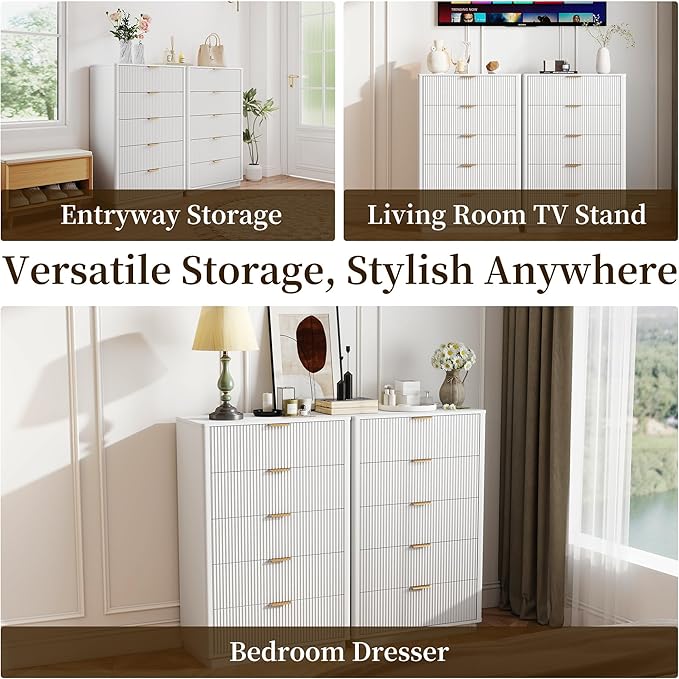 Fluted Dresser for Bedroom with 5 Drawers, 31.5" Wide Modern Chest of Drawers with Lighting, Wooden Dresser TV Stand with Curved Edges, Closet Organizer for Living Room, Hallway,White