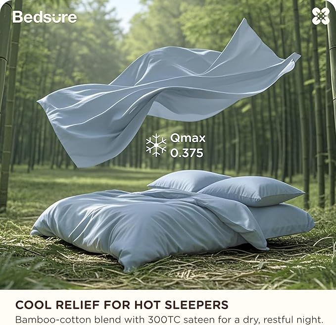 Bedsure Cooling Duvet Cover Queen Size, Cotton & Rayon Derived from Bamboo Blend Duvet Cover Set for Hot Sleepers,Ultra-Soft, Breathable & Lightweight Home Bedding for All Seasons (Light Blue,90"x90")