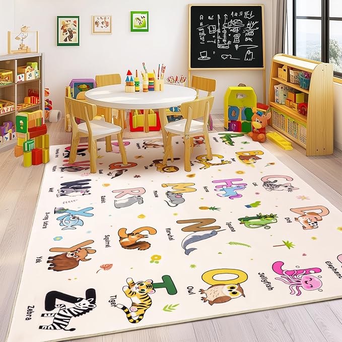 Kids Rugs for Playroom, 5x7 Feet Educational Rug for Learn The ABC Alphabet, Soft Machine Washable Non-Slip Cute Cartoon Animals Carpet for Classroom Toddler Nursery Kids Room Decor, Beige