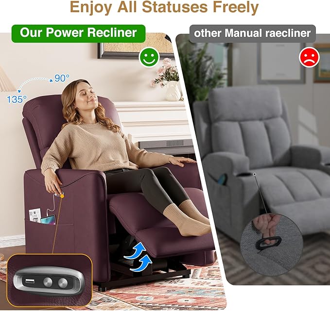 Adjustable Power Recliner Chair, Comfy PU Leather Electric Recliner Chair, Power Recliners with USB Port, Eco-Certified Small Recliners for Small Spaces Sofa Reclinable, Dark Purple