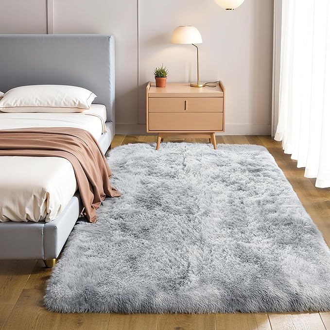 Thick Area Rug 5x7 Light Grey Fluffy Shag for Bedroom, Ultra Soft Plush Fuzzy Washable Thickened Non Slip Carpet, Cozy Furry Shaggy Rug for Living Room Kids Nursery Dorm Room, Tie-Dye Gray