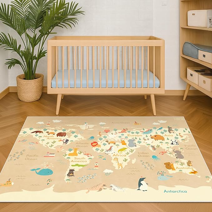 3x5 Animal World Map Bedroom Rug for Kids – Soft Educational Play Mat with Cute Animals by Continent, Washable Stain Resistant Toddler Baby Nursery Rug - Beige