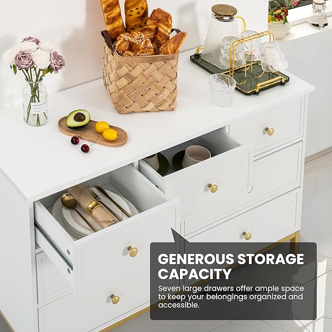 Pamapic Modern 7-Drawer White Dresser,47" White Wooden Dresser for Bedroom, Storage Organizer with Deep Drawers & Metal Handles for Bedroom, Entryway, Hallway