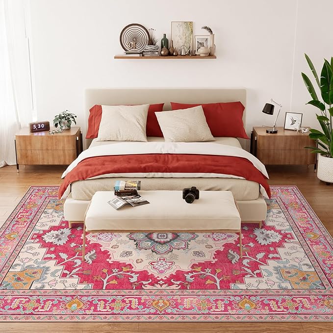 Machine Washable Rugs Nursery Rug 8x10 Area Rugs Non Slip Low Pile Water Repellent Soft Print Pattern for Bedroom Indoor Decor Kids Playroom Brightpink