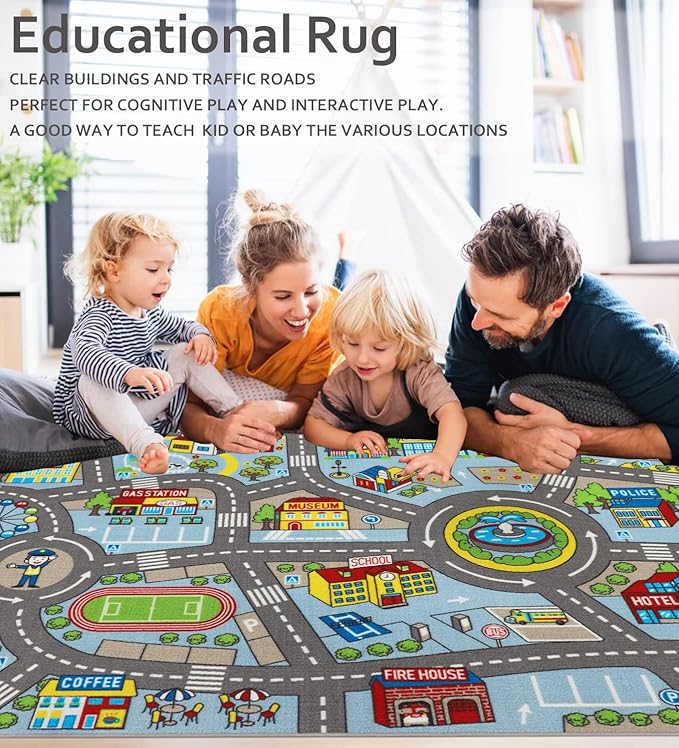 Kids Rug 6'6" x 5'0" City Life Playmat Area Rug Car City Map Washable Traffic Road Educational Learning Nursery Rug Carpet for Children Playroom Living Room Bedroom Classroom Decor Blue