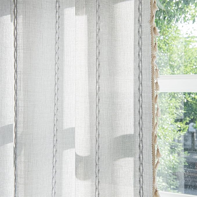 Deeprove Silver Grey Boho Curtains 96 inches Length for Bedroom Living Room, Light Gray Bohemian 96 inches Long Embroideried Cottage Farmhouse Vintage Tassel Window Treatments, W52 x L96, 1 Panel