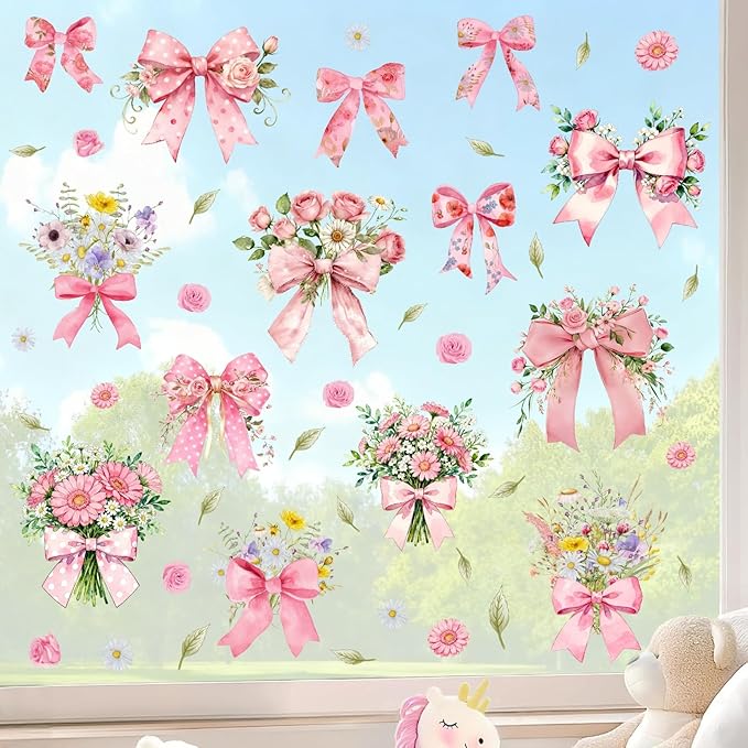 Bow Floral Window Cling Pink Bowknot Bouquet Window Stickers Watercolor Floral Flower Window Wall Decals Peel and Stick Coquette Ribbon Bow Wall Stickers for Girls Room Bedroom Nursery Decor