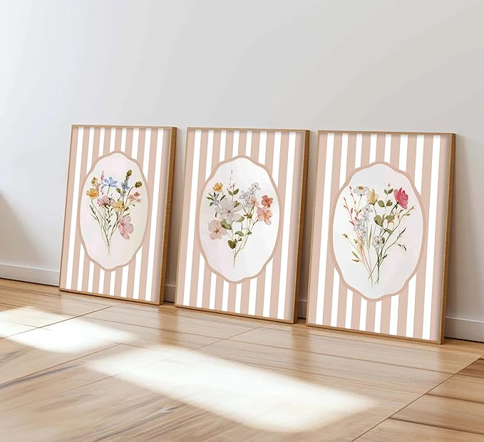 3Pcs Pink Flower Wall Art Light Pink Striped Plant Painting Picture Wall Decor Elegant wildflowers Poster Print Artwork for Bedroom Preppy dormitory Living Nursery Room Home Decoration