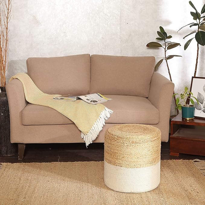 REDEARTH · Cylindrical Pouf Foot Stool Ottoman - Jute Braided Accent Sitting Footrest for The Living Room, Bedroom, Nursery, Patio, Lounge & Other Rooms in The Home (14.5”X14.5”X16”; Natural Ivory)