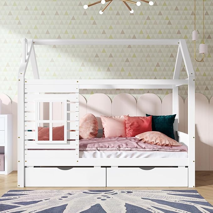 Aoowow Full Size Kids House Bed with 2 Drawers, Wooden Full Bed Frame with Window and Roof for Bedroom, Modern Full Size Kid Playhouse Daybed with Slats for Boys Girls, Can be Decorated, Full-White
