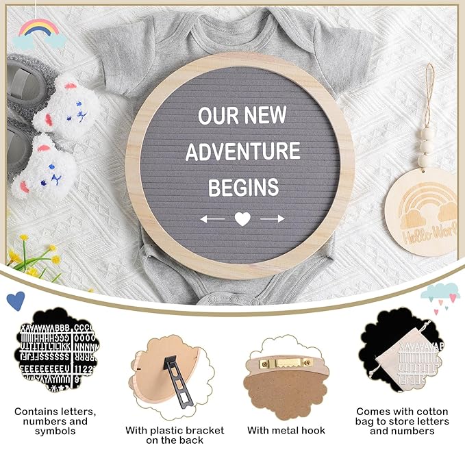 8 Pcs Pregnancy Announcement Set Pregnancy Reveal Ideas Include Felt Letter Round Board Kit Baby Bodysuit Booties Wood Blocks Wooden Signs for Coming Soon Baby Announcement(Gray)