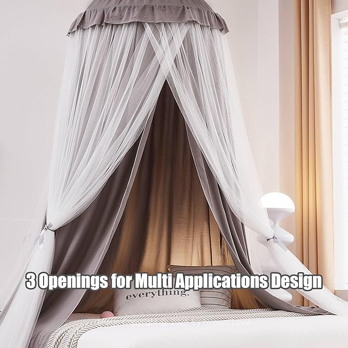 Double Layers Bed Canopy with Star Lights, 3 Pieces Layers Canopy for Girls Bed, Princess Round Dome Dreamy Play Tent, Hanging Kids Reading Nook Mosquito Net, Machine Washable - Gray