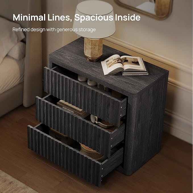 SICOTAS Night Stand Oversized Extra Large Nightstand with 3 Drawers Side Table with Storage Modern Bedside Table 27.5" W Nightstands for Bedroom Fluted End Table for Dorm Room Sofa Couch Home Office