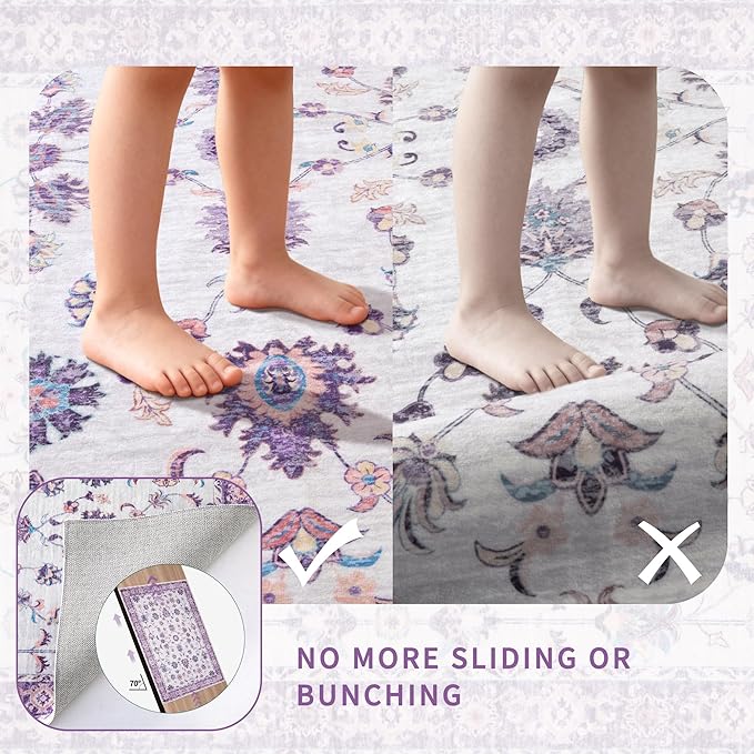 Tangsoo 4x6 Washable Area Rugs Non Slip, Boho Distressed Vintage Purple Floral Throw Rug for Bedroom Nursery, Soft Low Pile Floor Carpet Indoor Mat for Entrance Bedside Kitchen Office Farmhouse