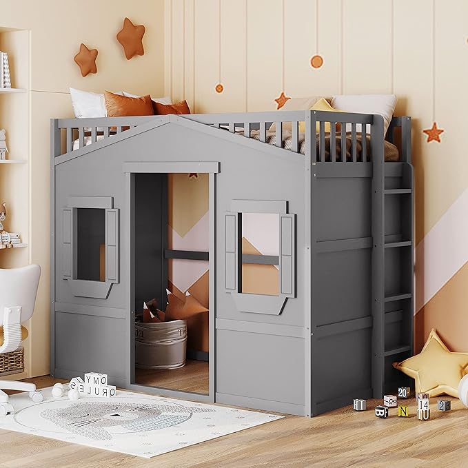 Twin Size Loft Bed with Safety Guardrail for Kids Boys Girls, Playhouse Design Solid Wood Loft Bed Frame with Ladder and Windows, Strong Wood Slats Support, Space-Saving (Gray)