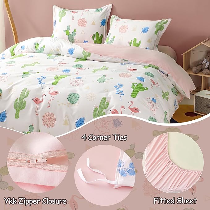 Simple&Opulence 100% Organic Cotton Duvet Cover for Kids Teens, 3 Pieces Soft Comforter Cover with Zipper Closure Warm Adorable Flamingo Bedding Set - Cactus, Twin