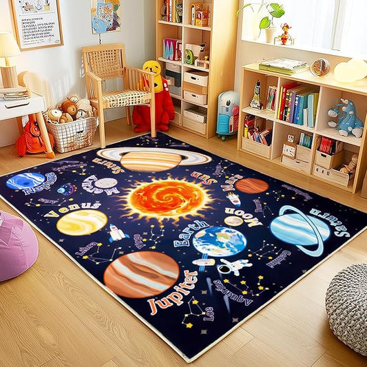 Kids Rugs for Playroom, 4x5 Feet Educational Rug for Learn The ABC Alphabet, Soft Machine Washable Non-Slip Cute Space Galaxy Carpet for Classroom Toddler Nursery Kids Room Decor Mat