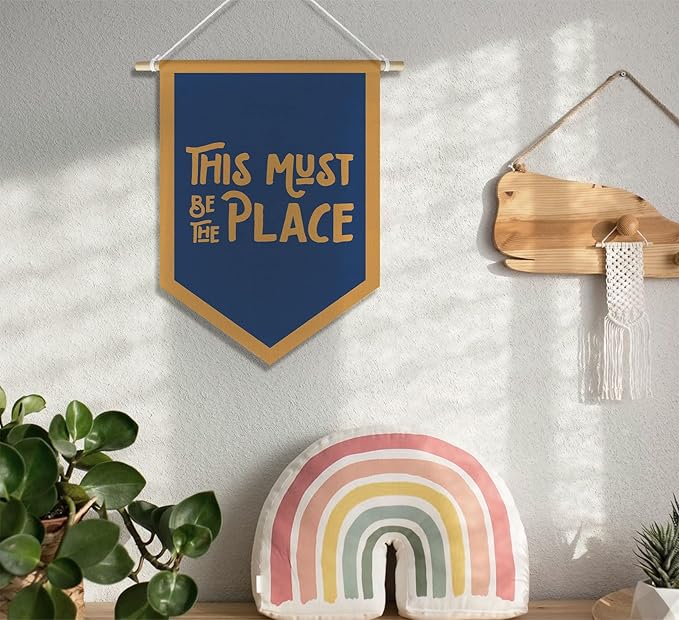 This Must Be The Place Banner Pennant Wall Art Decor for Kids Nursery Toddler Room Bedroom Classroom Decorations, Vintage Navy Blue Nursery Wall Decor, 15x11in