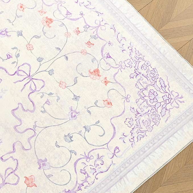 Pastel Purple and Pink Area Rug for Dorm Kids Room 6x9 Washable Light Lavender Whimsical Fairy Bow Floral Fun Rug for Girls Bedroom Toddler Play Room