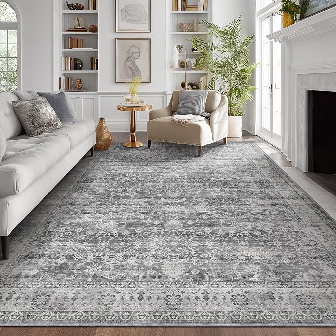 Vintage Grey 8x10 Area Rugs for Living Room, Retro Gray Neutral Rug for Bedroom Dining Room, Low Pile Thin Washable Non Slip Room Rug for Home Office Family Room