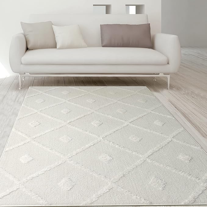 Antep Rugs Palafito 4x6 Geometric Shag Diamond High-Low Pile Textured Indoor Area Rug (White, 3'11" x 5'11")