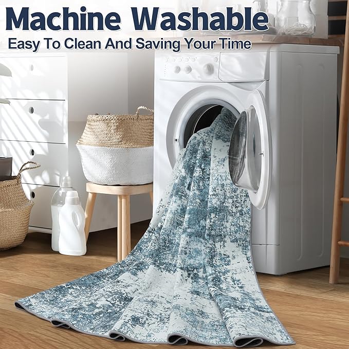 Area Rug 2x3 Washable Rug: Soft Small Entryway Rug with Anti-Slip Backing Non-Shedding Stain-Resistant Abstarct Modern Carpet for Kitchen Bedroom Indoor Front Entrance-Blue