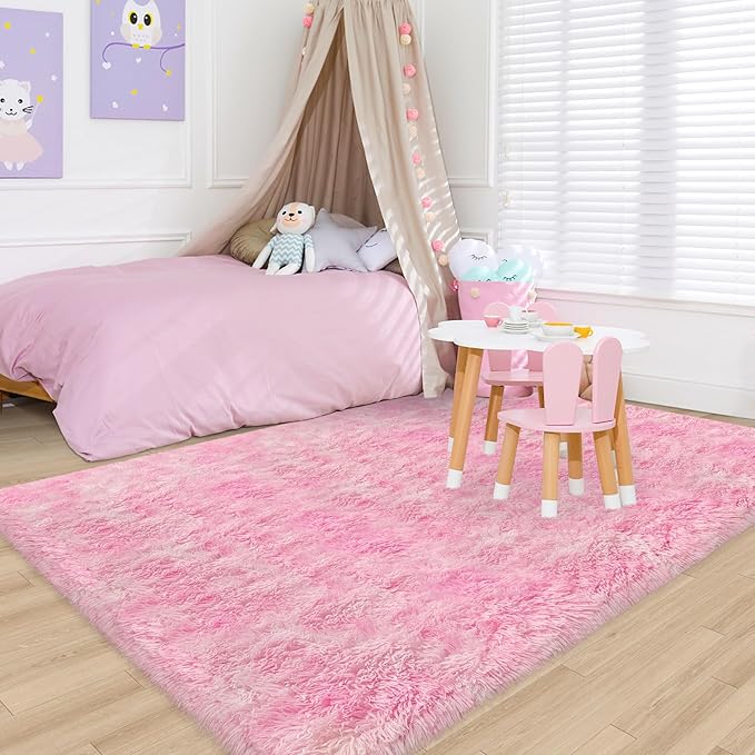 Fluffy Pink Rugs for Bedroom Girls, 5x8 Soft Fuzzy Area Rug Shag Carpet for Kids Room Playroom Nursery Living Room Dorm, Washable Plush Shaggy Rug Play Mat for Kids Baby Boys Teen