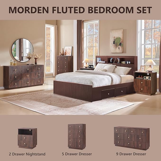 Fluted Night Stand with Charging Station, 21.65" Nightstand with 2 Drawer, 2 Drawer Dresser for Bedroom, Morden End Table Chests of Drawers Bedside Table for Bedroom, Living Room,Brown