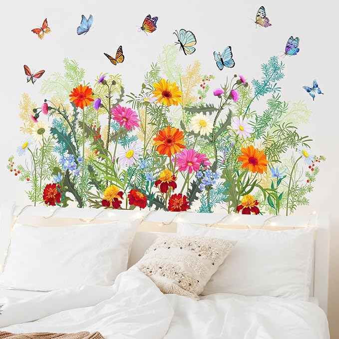 Colorful Floral Wall Stickers Flowers Daisy Butterfly Wall Decals for Living Room, Vivid Flowers Vine Decor Posters Chrysanthemum Art Murals Removable Home Decorations Stickers