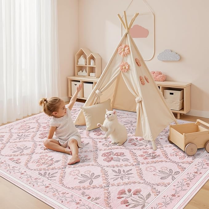 Nursery Rug for Baby Girl, 5x8 Washable Pink Rugs for Bedroom Girls, Soft Faux Wool Cute Pink Boho Floral Area Rugs for Living Room Kids Room Playroom, Pink Multi