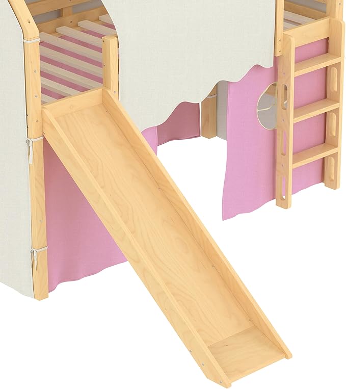 Playhouse Design Twin Size Loft Bed with Slide & Tent, Solid Wood Tent Bed Frame for Kids Boys Girls, Versatile Spacious Under Bed Space, Chic Design with Lights (Natural+Pink-Twin)