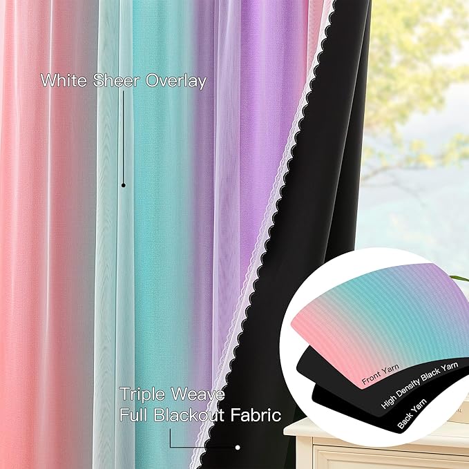 XiDi 100% Blackout Curtains for Girls Bedroom 63 Inches Long 2 Panels Colorful Rainbow Nursery Kids Curtains with Sheer Overlay Unicorn Wall Decor Princess Grommet Drapes Pink Purple Green 34W x 63L