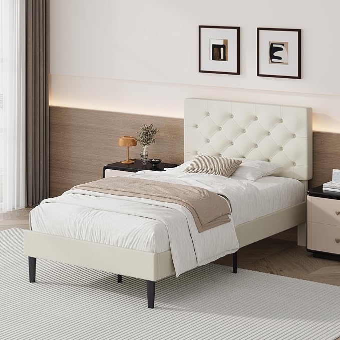BarnFurin Twin Bed Frame, Upholstered Platform Bed with Button Tufted Headboard, Fabric Bed Frame with Wooden Slats Support, No Box Spring Required, Easy Assembly, Cream