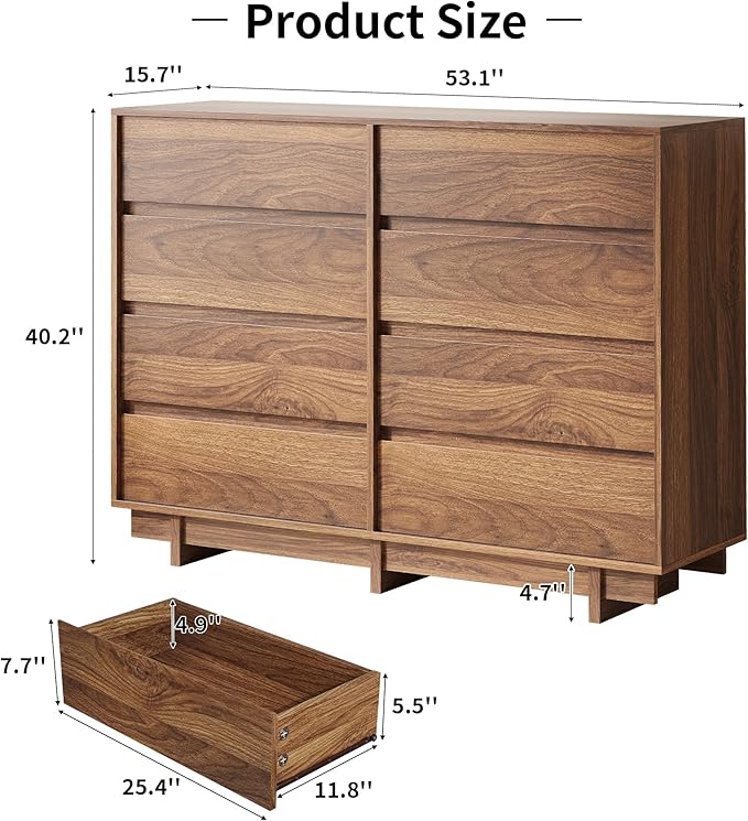 Walnut Dresser for Bedroom, 53.1" Wide 8 Drawer Dresser, Mid Century Modern Dressers Chest of Drawers, Wooden Large Dressers for Bedroom, Closet