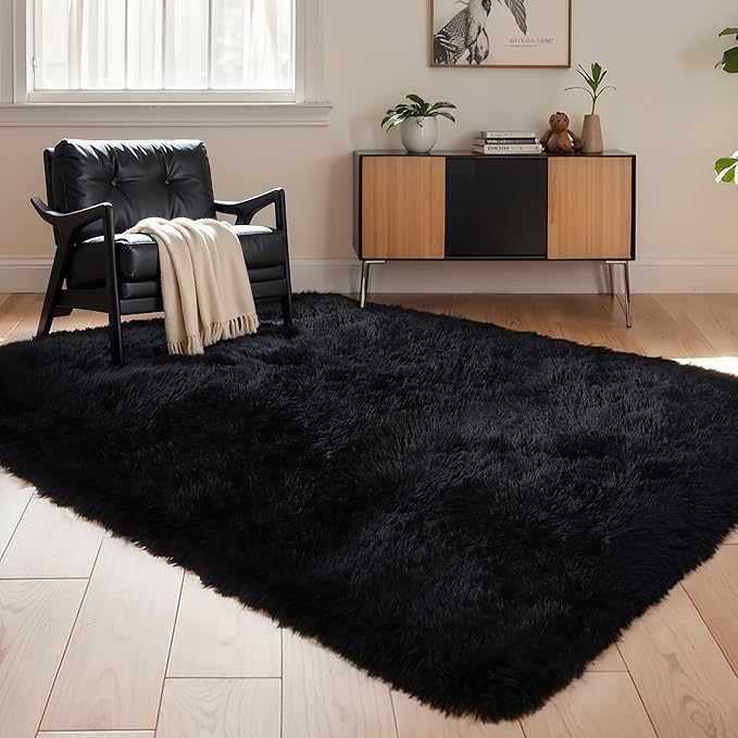 Thick Area Rug Black Fluffy Shag 5x7 for Bedroom, Ultra Soft Plush Fuzzy Washable Thickened Non-Slip Floor Carpet, Modern Cozy Furry Rug for Living Room Kids Baby Boys Girls Nursery Dorm