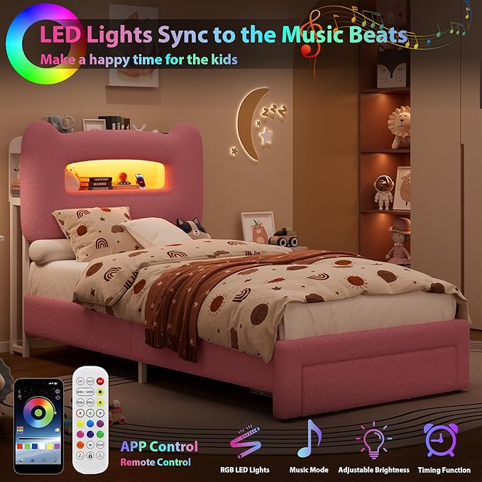 GarveeHome LED Twin Bed Frame with 2-Tier Storage Headboard, Upholstered Platform Bed with Charging Station and Drawer for Kids/Girls/Boys, Heavy Duty Metal Support, No Box Spring Needed, Pink