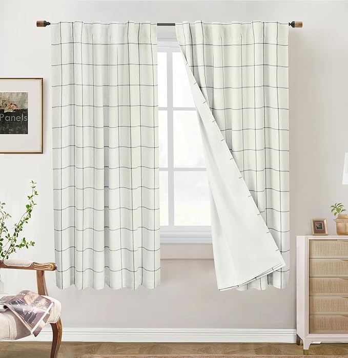 DriftAway 2 Panels 100% Blackout Windowpane Plaid Linen Curtains Double Layer Drapes for Bedroom 63 Inches Long Farmhouse Thermal Insulated 3.25 Inch Rod Pocket Back Tab for Living Room Black