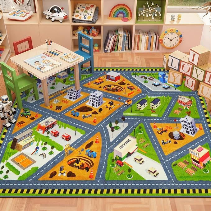 STARUIA Car Rug Play Mat 63"x78", Kids Cars Rug for Playroom Toy Cars Non-Slip City Road Map Kids Rugs for Bedroom Boys, Educational Baby Children Play Mat for Learn and Have Fun