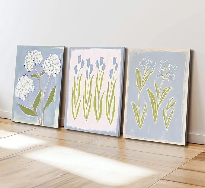 3Pcs Blue Green Tulip Hydrangea Flower Canvas Wall Art Flowers Plant Aesthetics Painting Picture Decor Elegant Preppy Poster Print Artwork for Living Room Gallery Bedroom Dorm Home Decoration