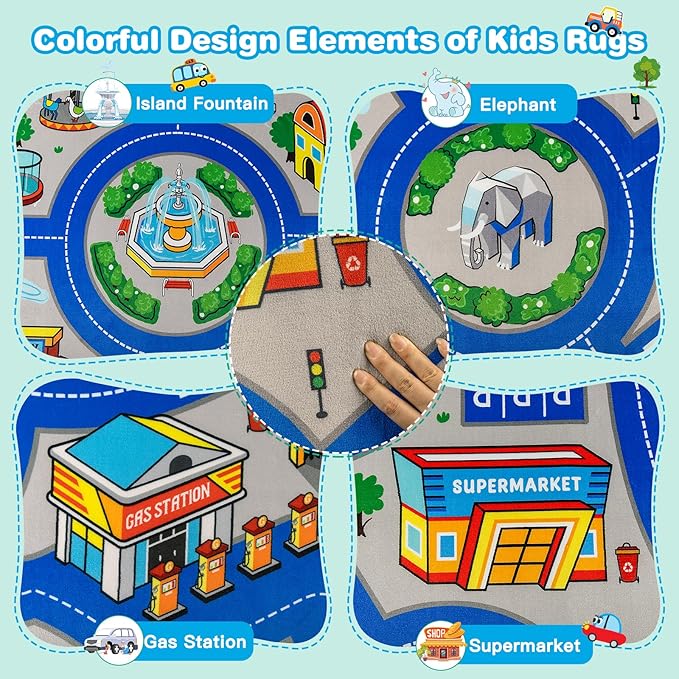 Road Car Rug, 5x7 Ft City Road Rug for Kids, Extra Thick (0.4in) Kids Play Rug Mat and Car Carpet with Realistic Colors - Perfect for Children, Soft and Non-Slip for Playroom and Bedroom